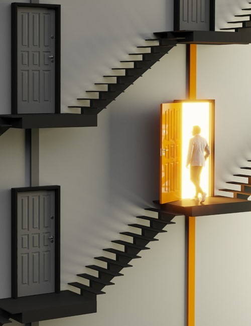 An abstract staircase and gray coloured doors, orange coloured one is open and a man going in
